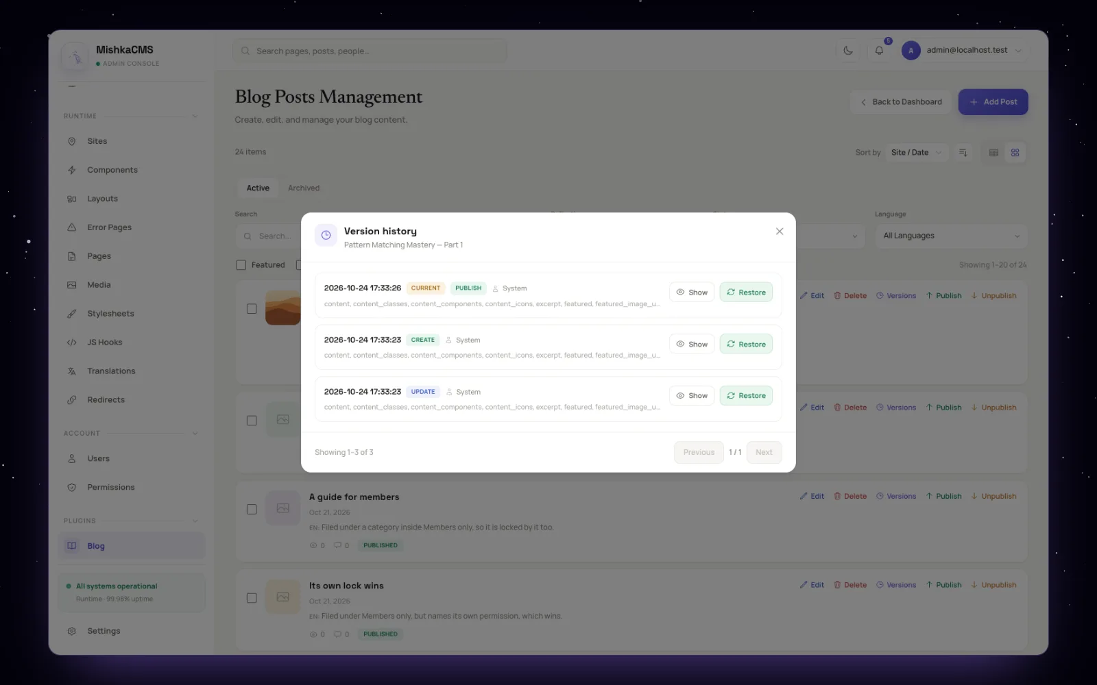 The version history of a post, with preview and restore for each version