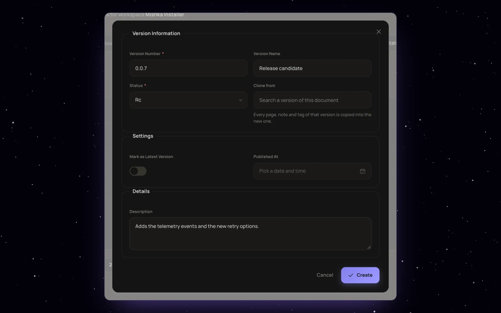The Add Version dialog of a document with version number and name, status, Clone from, the latest switch and the published date