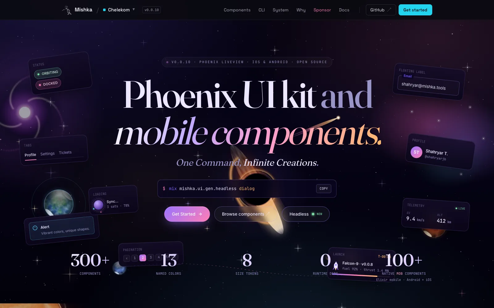 The redesigned Mishka Chelekom landing page: a starfield with floating component cards around the headline Phoenix UI kit and mobile components