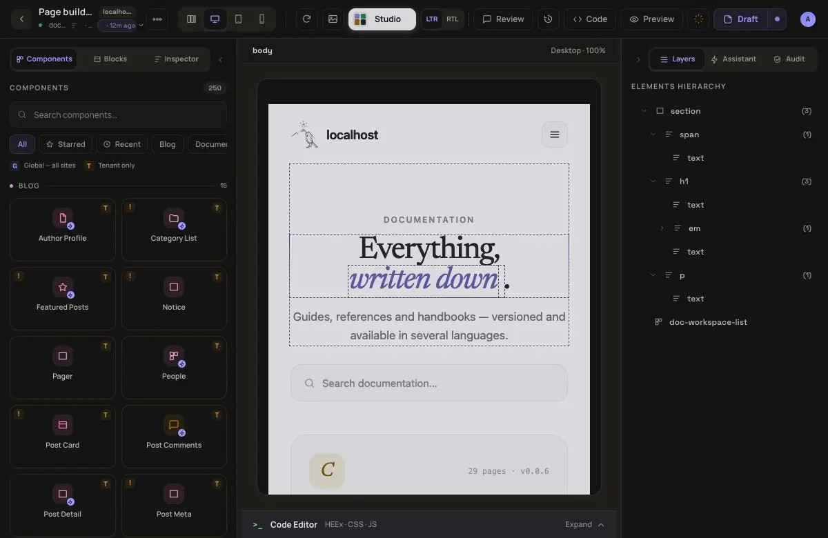 Animation of the visual editor palette filtered to the Documentation group, the Callout placed on the page and its title and tone set in the Inspector