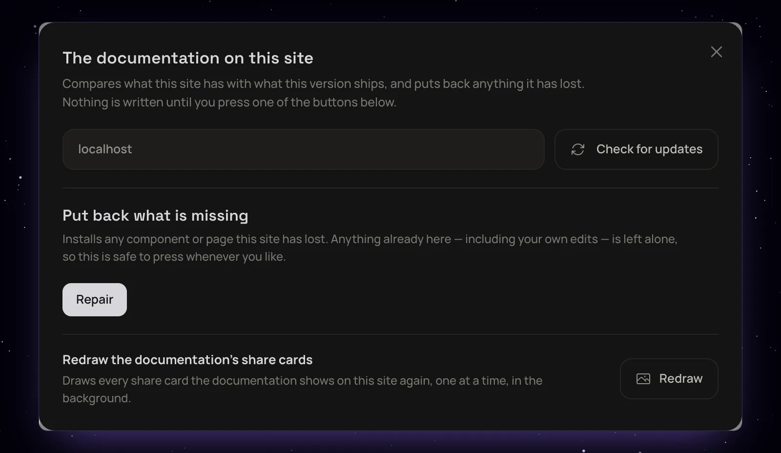 The documentation components panel on the Documents dashboard with its Check for updates, Repair and Redraw buttons