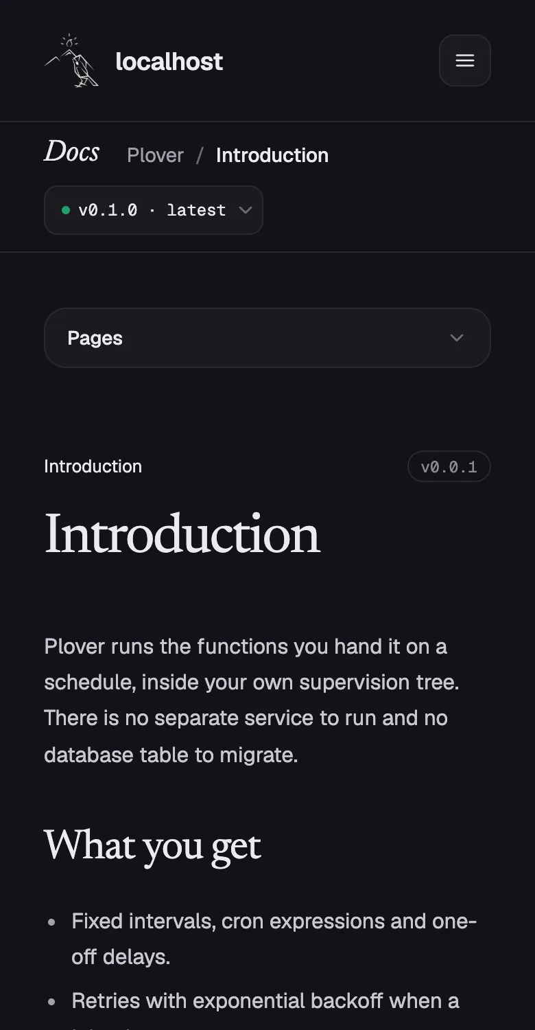 A documentation page on a phone with the version menu, a folded Pages drawer and the page text