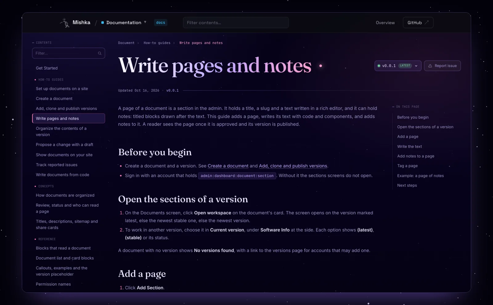 A page of the Mishka Document guides on mishka.tools with the contents on the left, the trail, the version menu with the latest badge, and On this page on the right