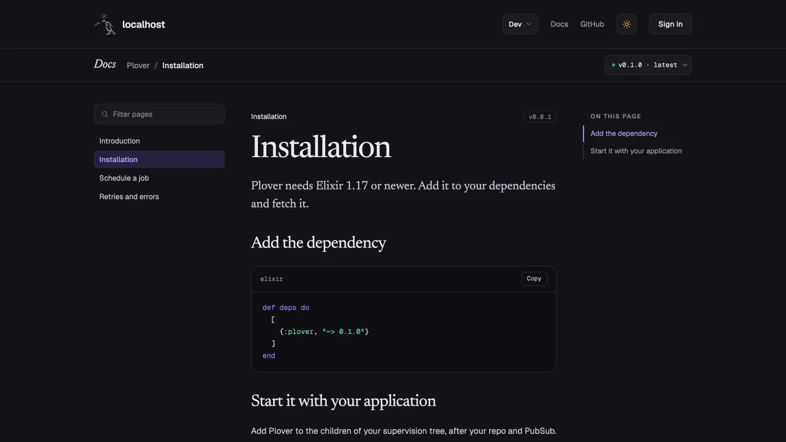 A documentation page with Elixir code blocks highlighted when the page was saved, each with a Copy button