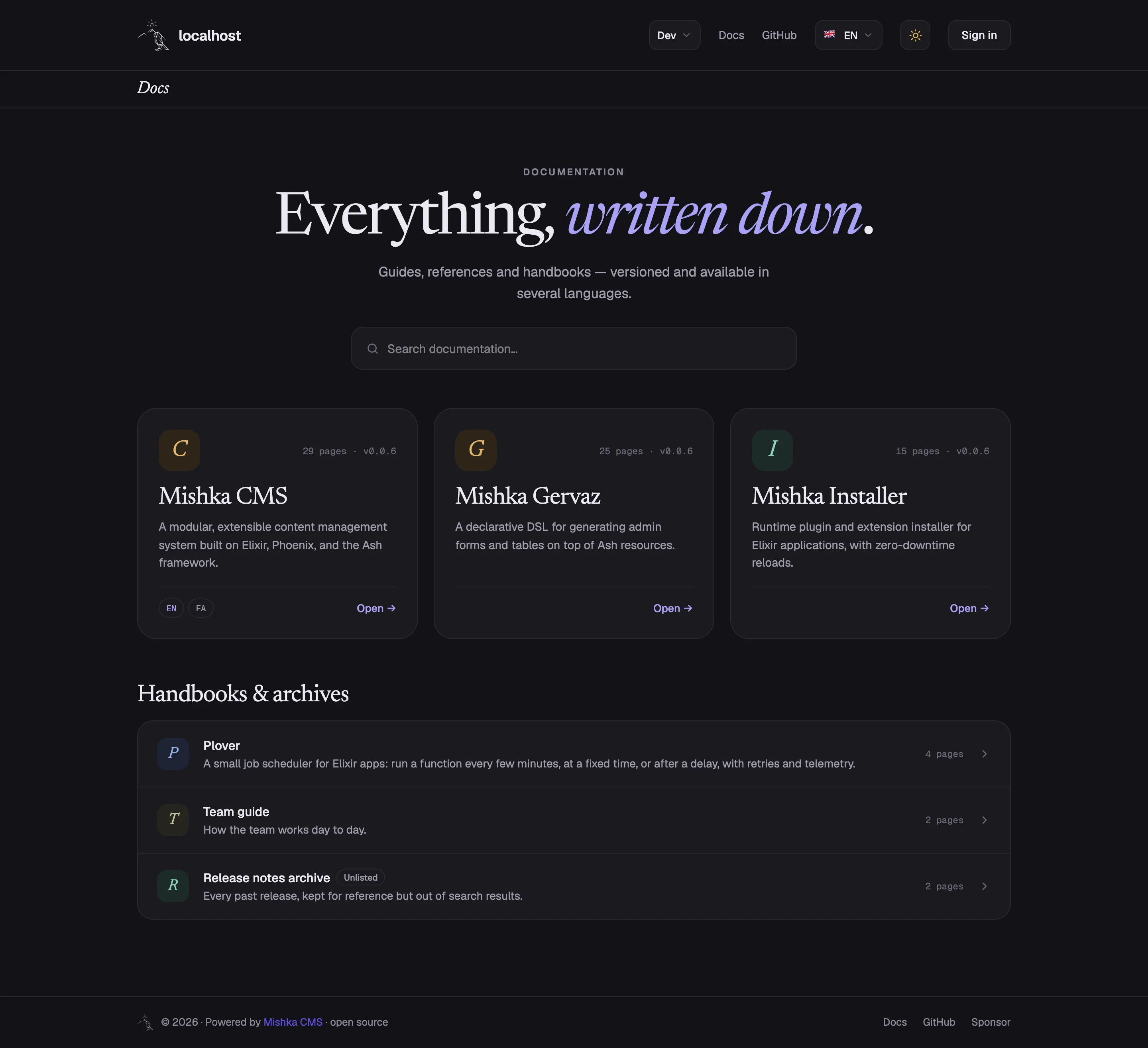 The library at /docs: every published document as a card, with search.