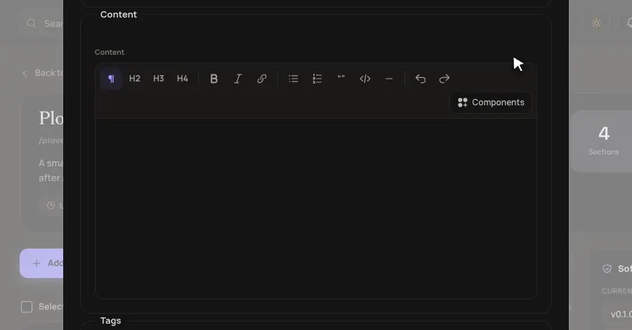 Animation of writing a note in the Tiptap editor of Mishka Document: a heading, a paragraph, a bulleted list and an Elixir code block