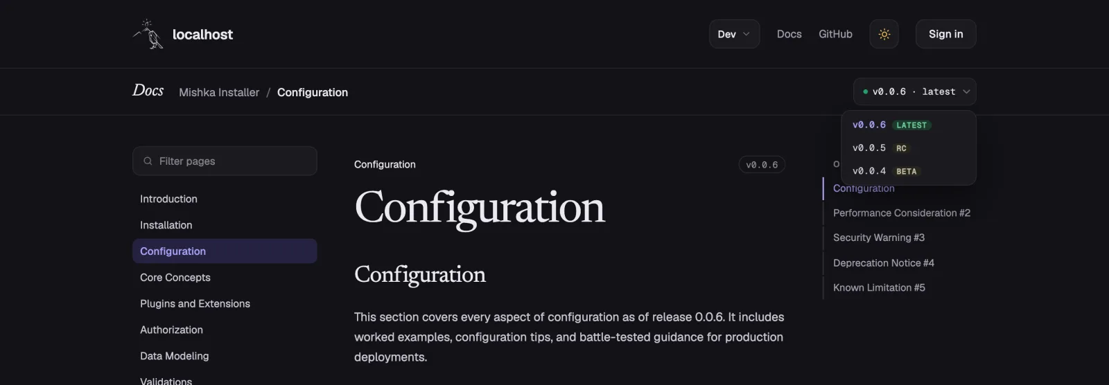 The version menu of a document open on a page, listing v0.0.6 as latest, v0.0.5 as rc and v0.0.4 as beta