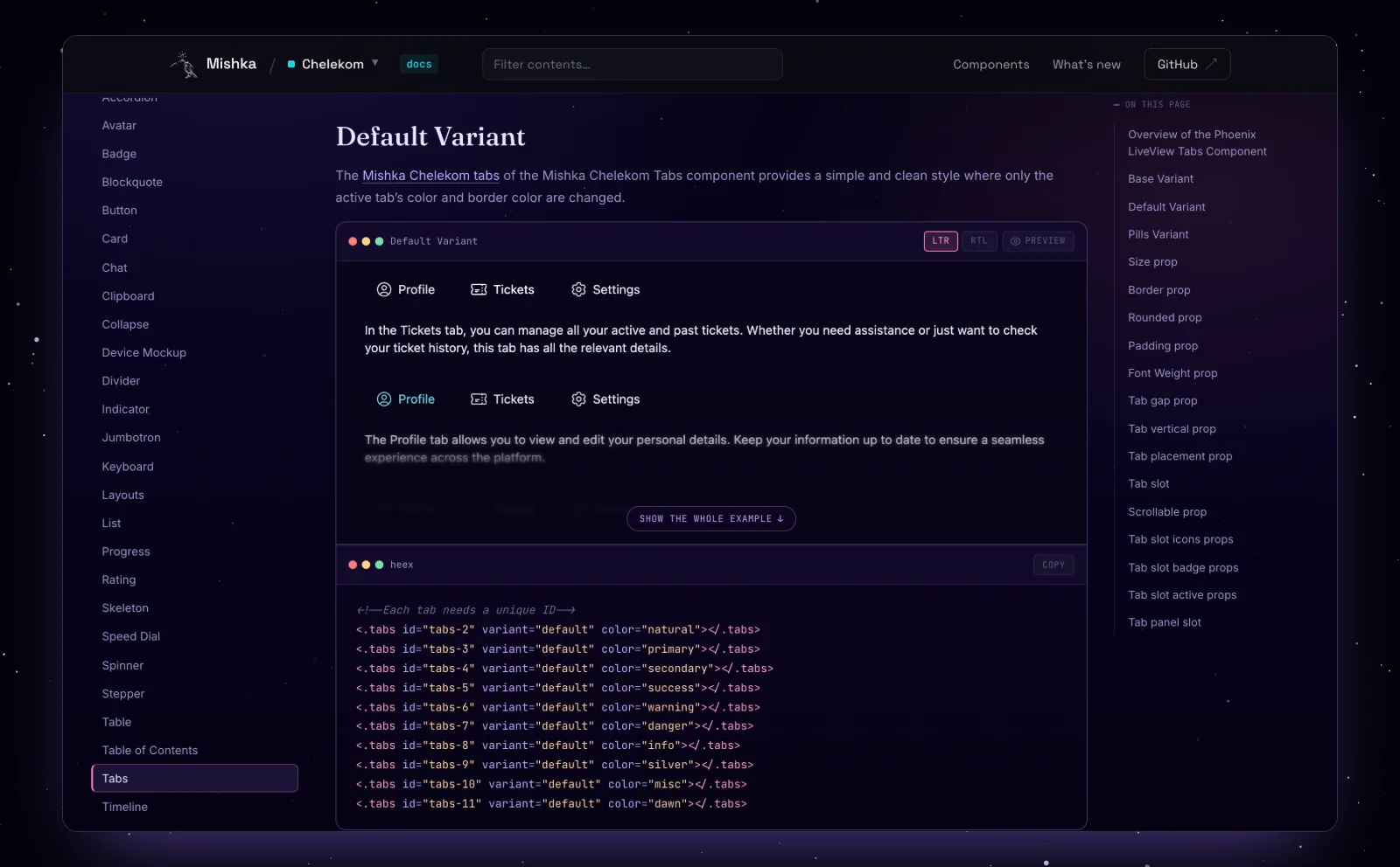 A Mishka Chelekom Tabs docs page with a live tabs example, LTR, RTL and Preview buttons, and the HEEx code with a copy button