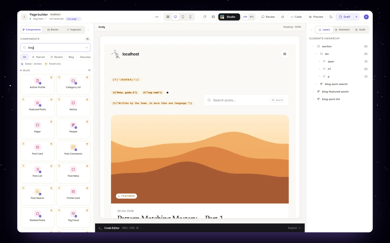 The Mishka CMS visual editor with the 16 Blog components in its palette and the blog page on the canvas