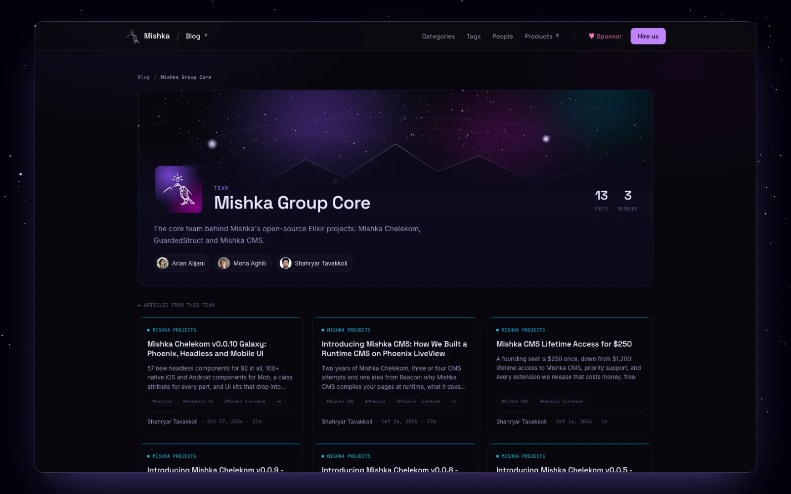 The Mishka Group Core team page on mishka.tools with its breadcrumb, cover, avatar, post count and members