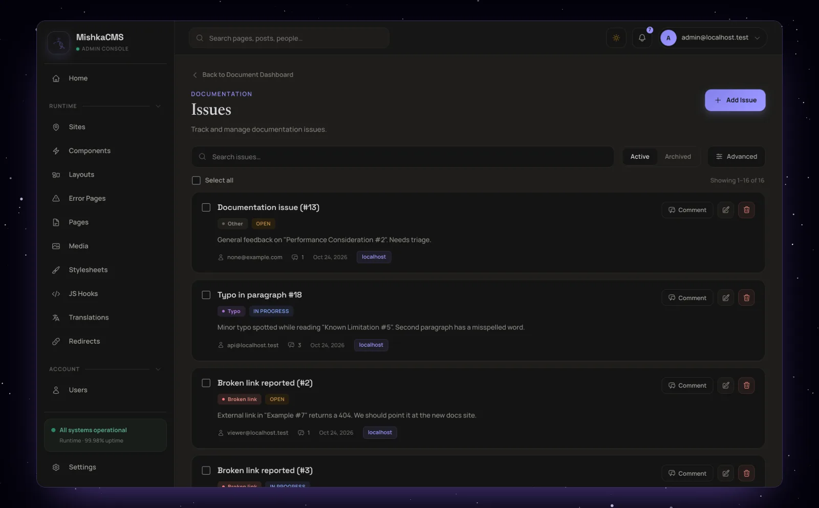 The Issues screen of Mishka Document with each issue's type, status and comment count