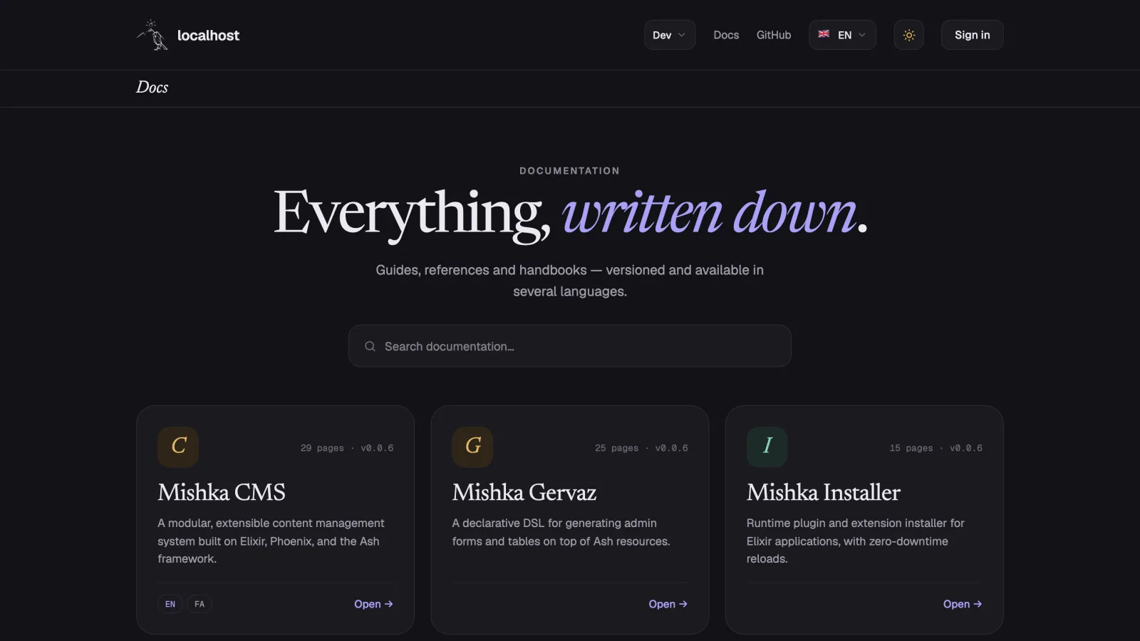 The documentation library of a Mishka CMS site at /docs, with a search box and a card for each published document showing its page count and version