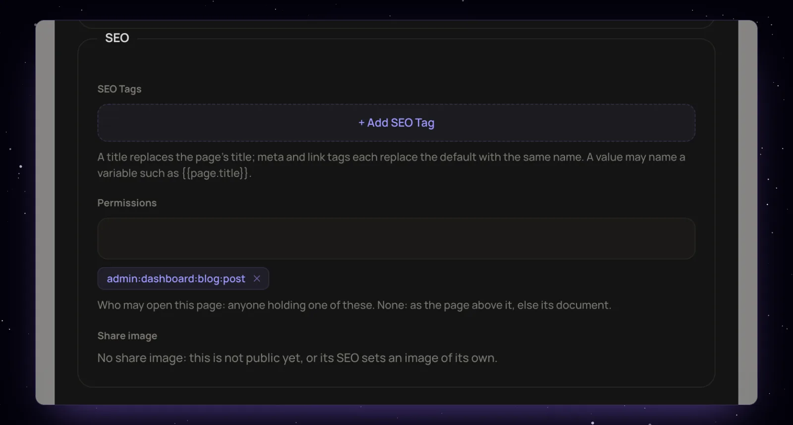 The Permissions field of a documentation page in the admin, with one permission chosen and the note that an empty field leaves the page to the page above it or its document