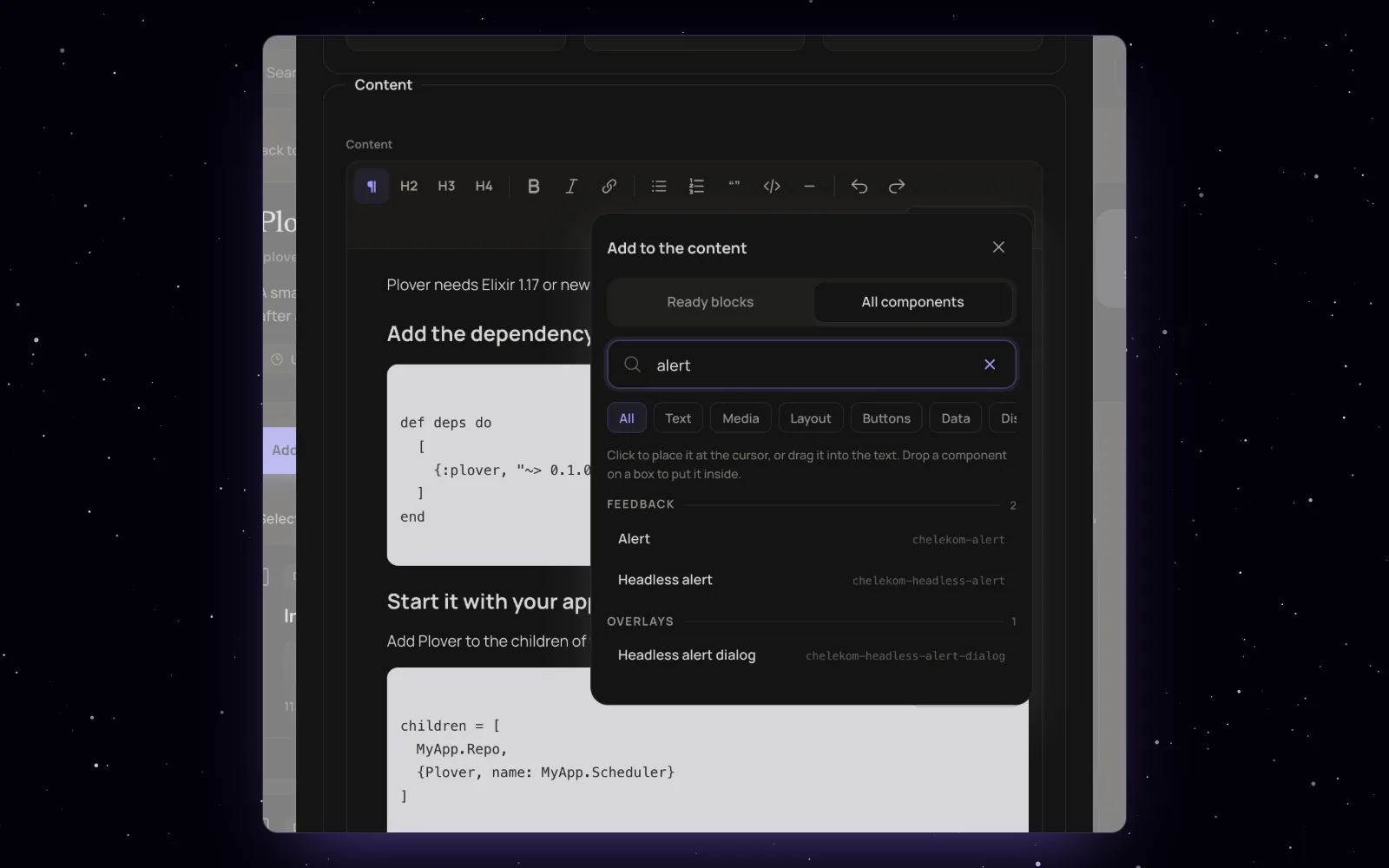 The Components dialog of the page editor, where the search alert narrows the Mishka Chelekom components to Alert, Headless alert and Headless alert dialog