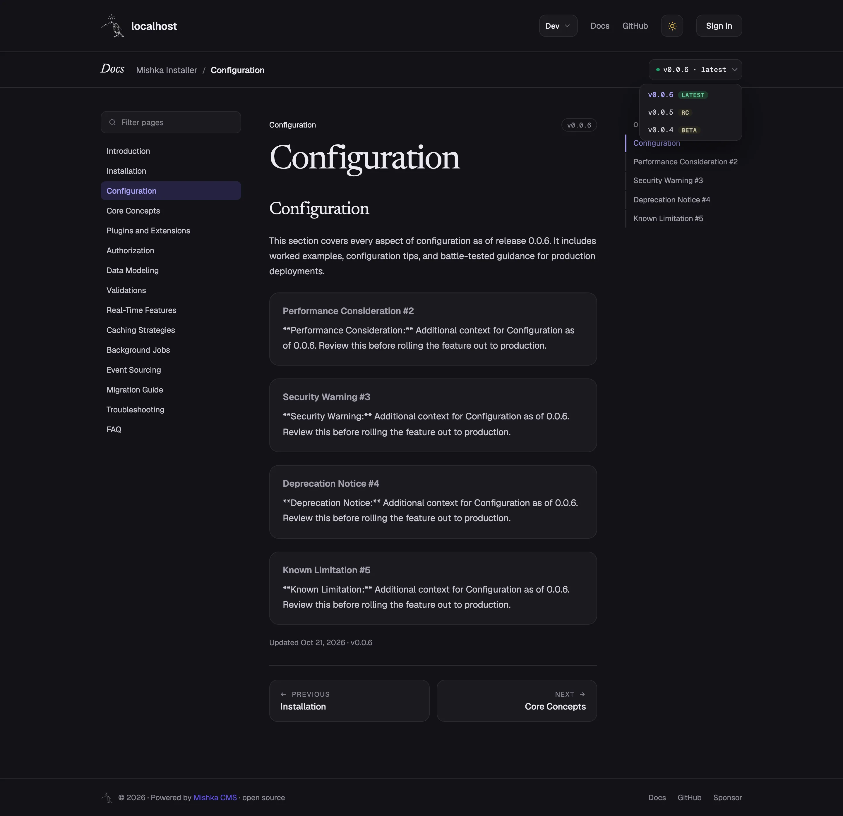 The version menu: the latest version and the older ones a reader can switch to.