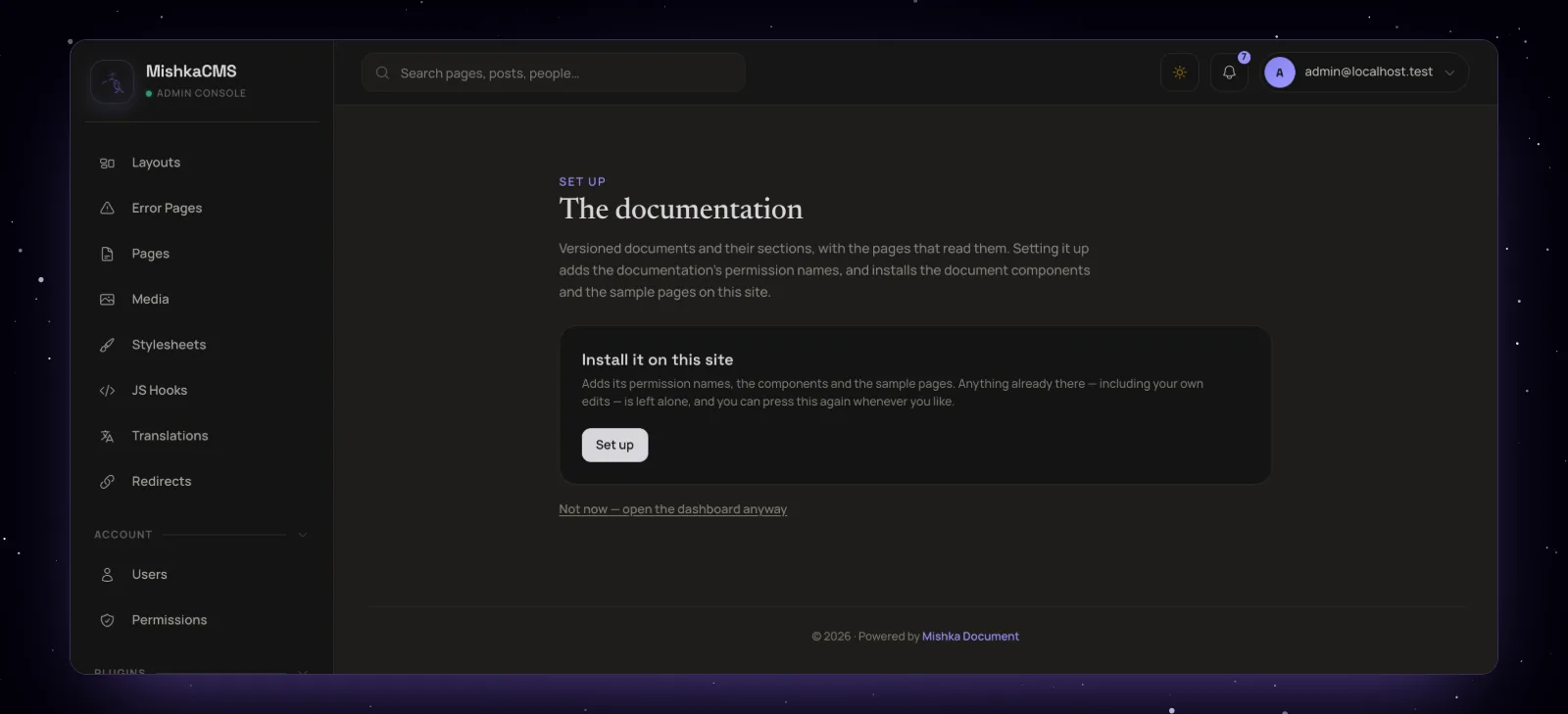 The Set up screen of Mishka Document on a site, with the button that installs its permissions, components and sample pages