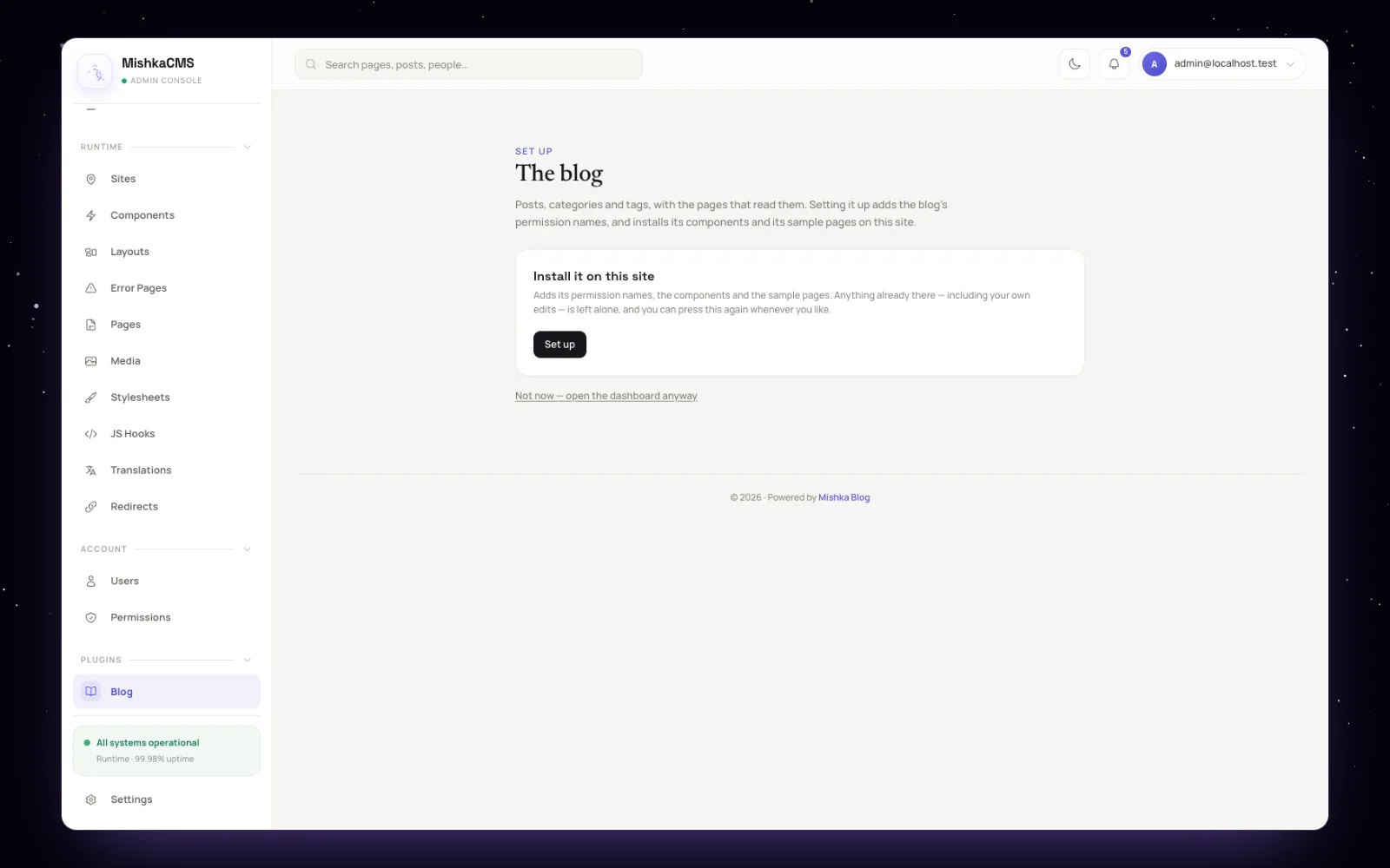The Set up screen of Mishka Blog on a site, with the button that installs its permissions, components and sample pages