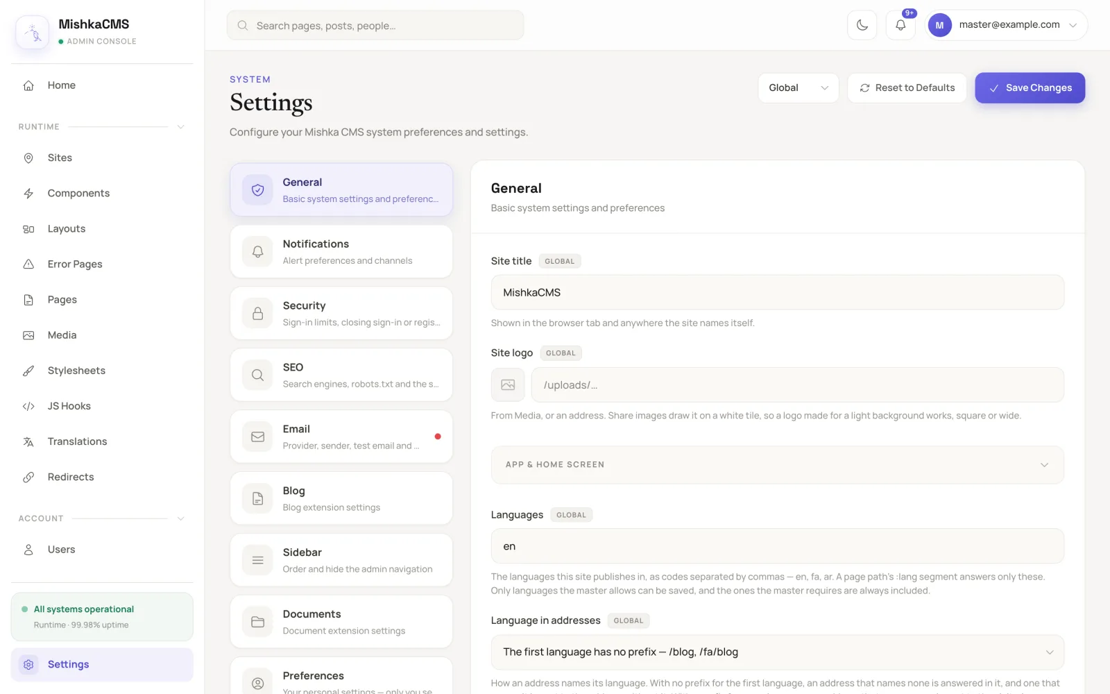Mishka CMS settings with a site's languages and how the language shows in its addresses