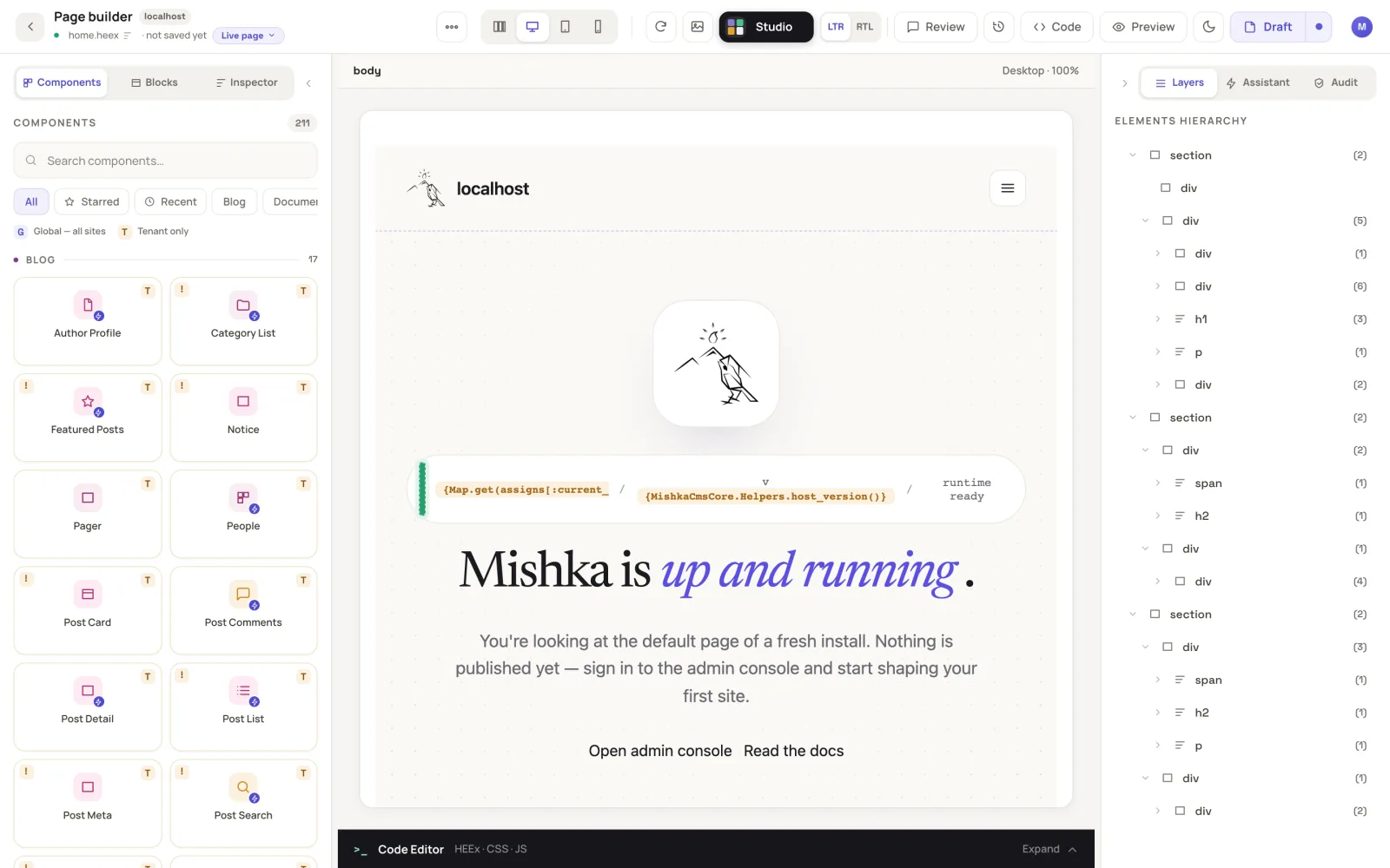The Mishka CMS visual editor: components on the left, the page on the canvas, its layers on the right