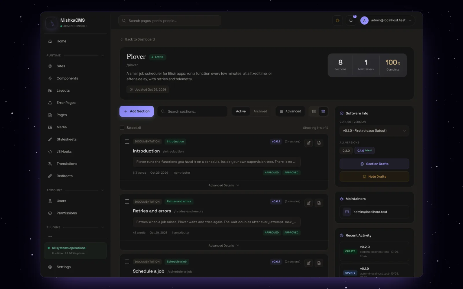 A document opened in the Mishka CMS admin: its address, section count, maintainers and completion, its pages with their review badges, and a side panel with the current version, all versions, drafts and recent activity