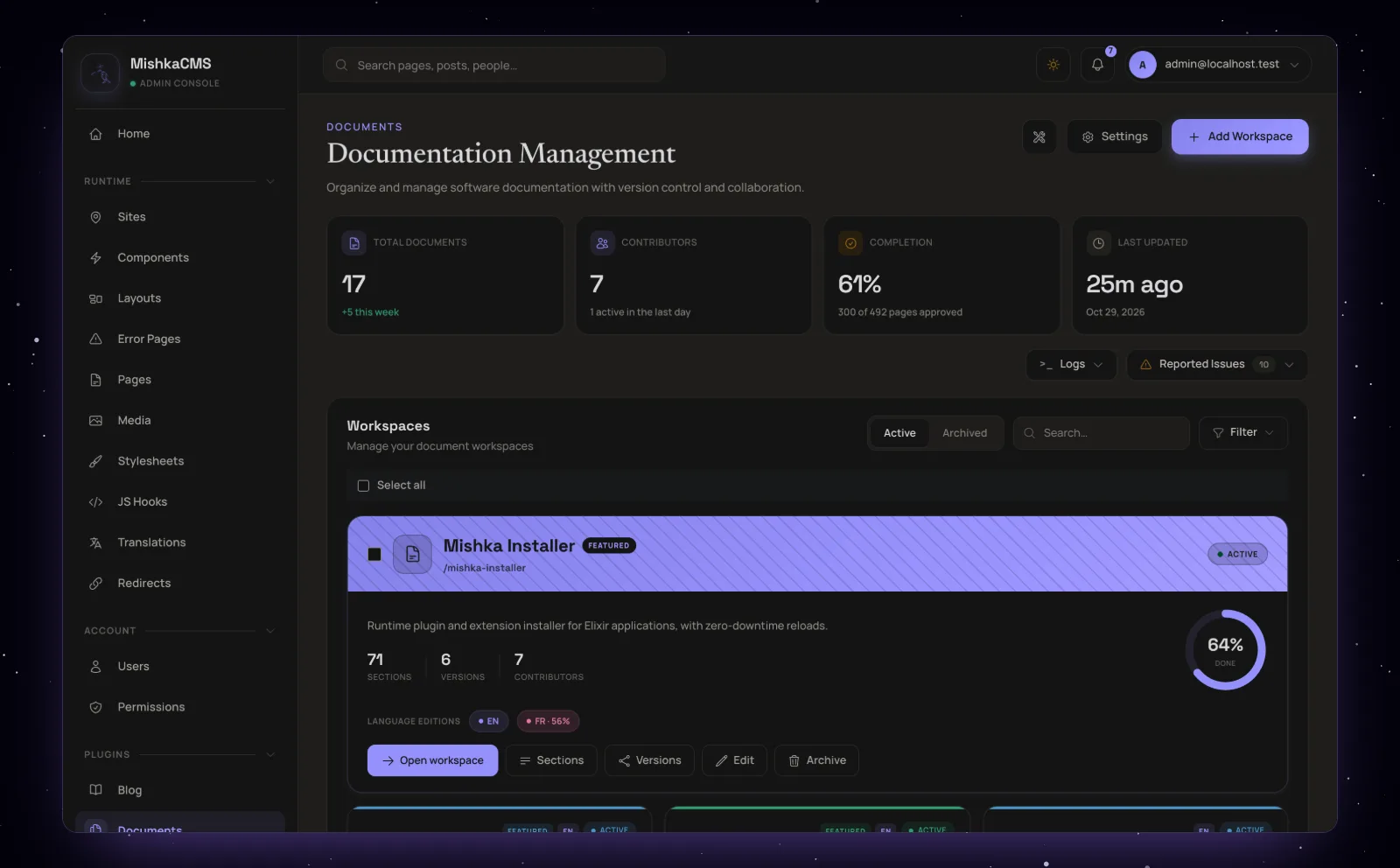 The Documents home in the admin with totals for documents, contributors, completion and the last update, then a card per document