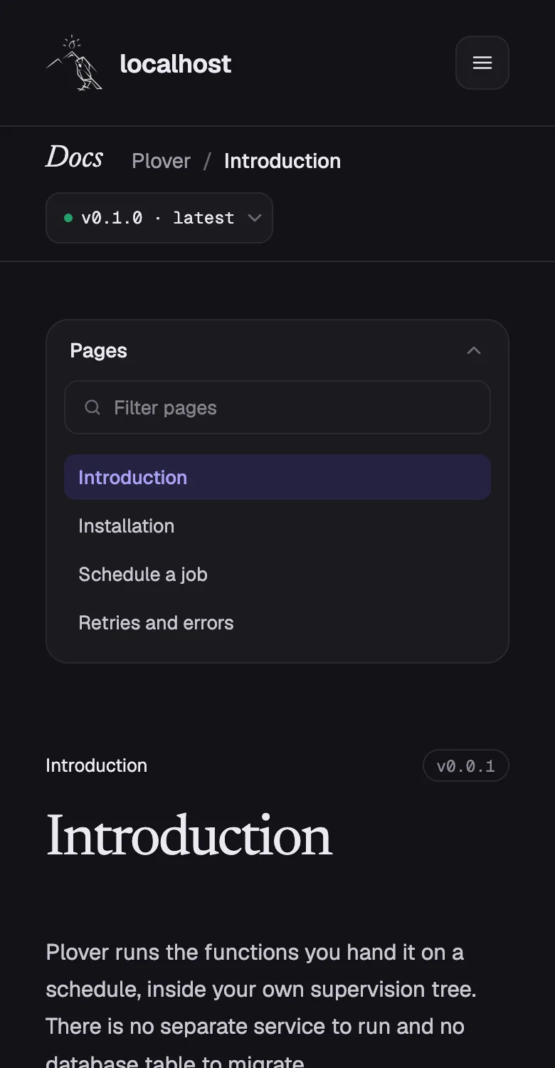 The Pages drawer of a documentation page opened on a phone, with its filter box and the list of pages