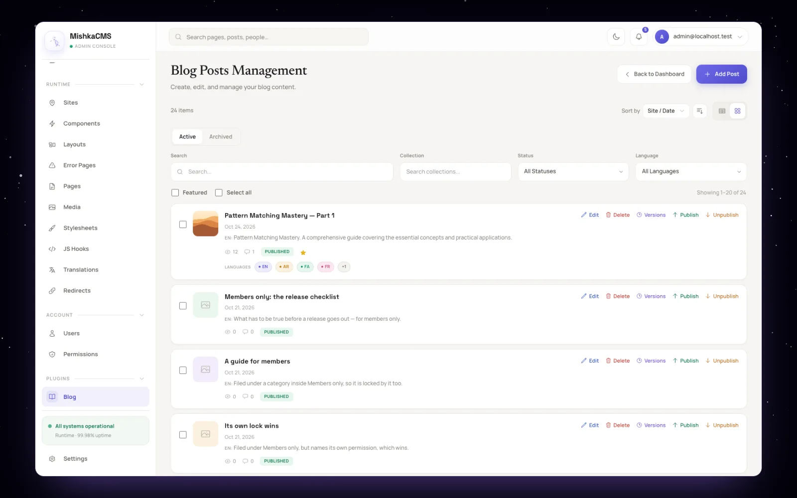 Blog Posts Management in the Mishka CMS admin: each post with its views, comments, status, languages and actions