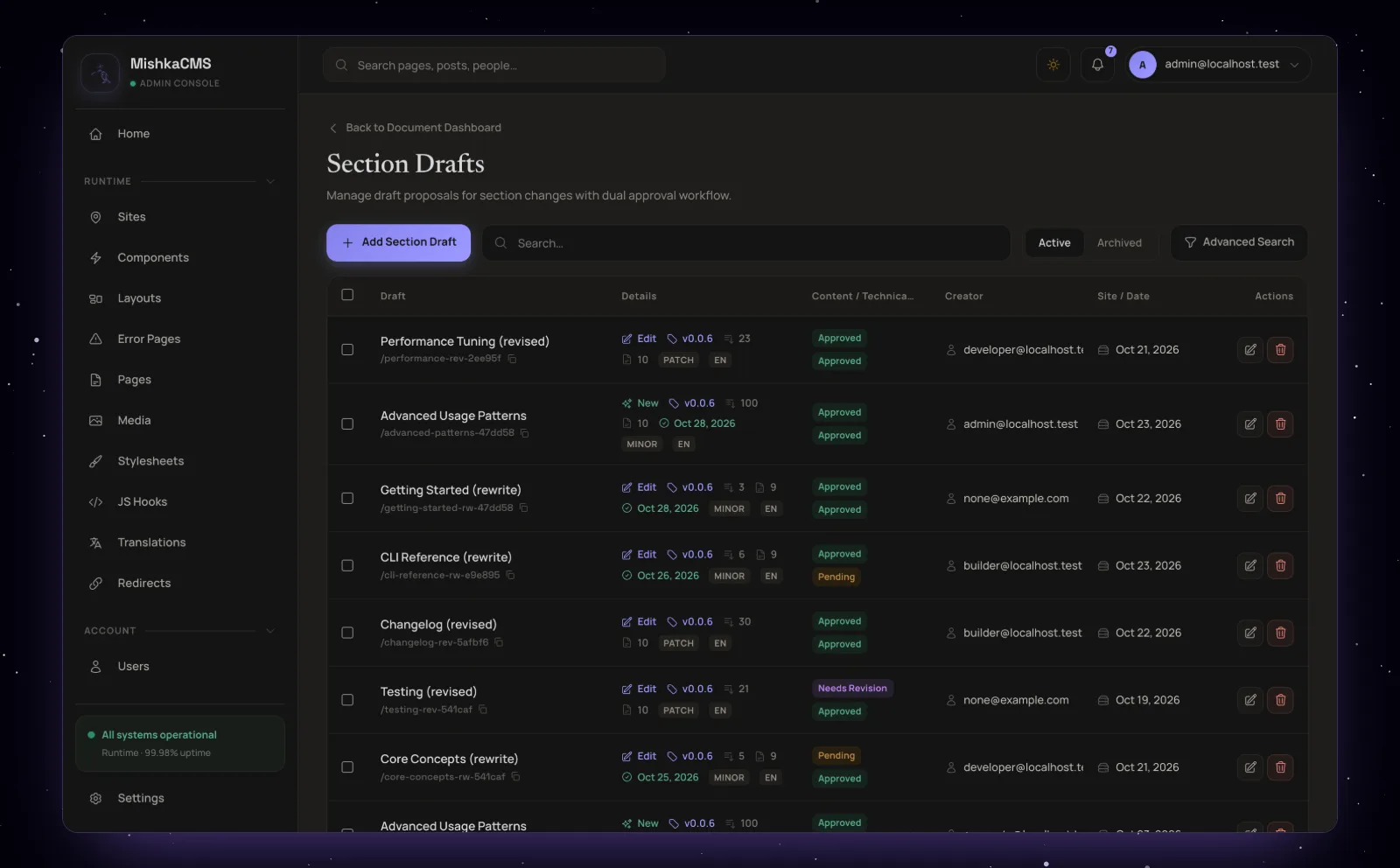 The Section Drafts screen with proposed changes to pages, each with its content review and technical review badges and the account that proposed it