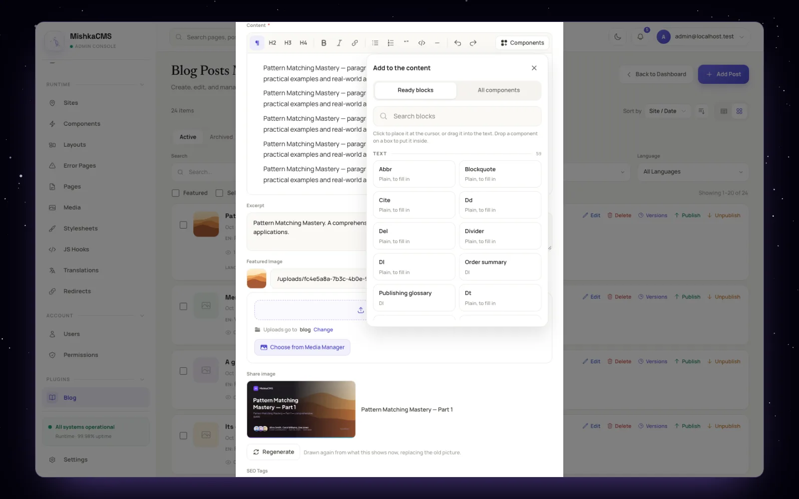 The Components picker inside the post content editor, with ready blocks and every component of the site