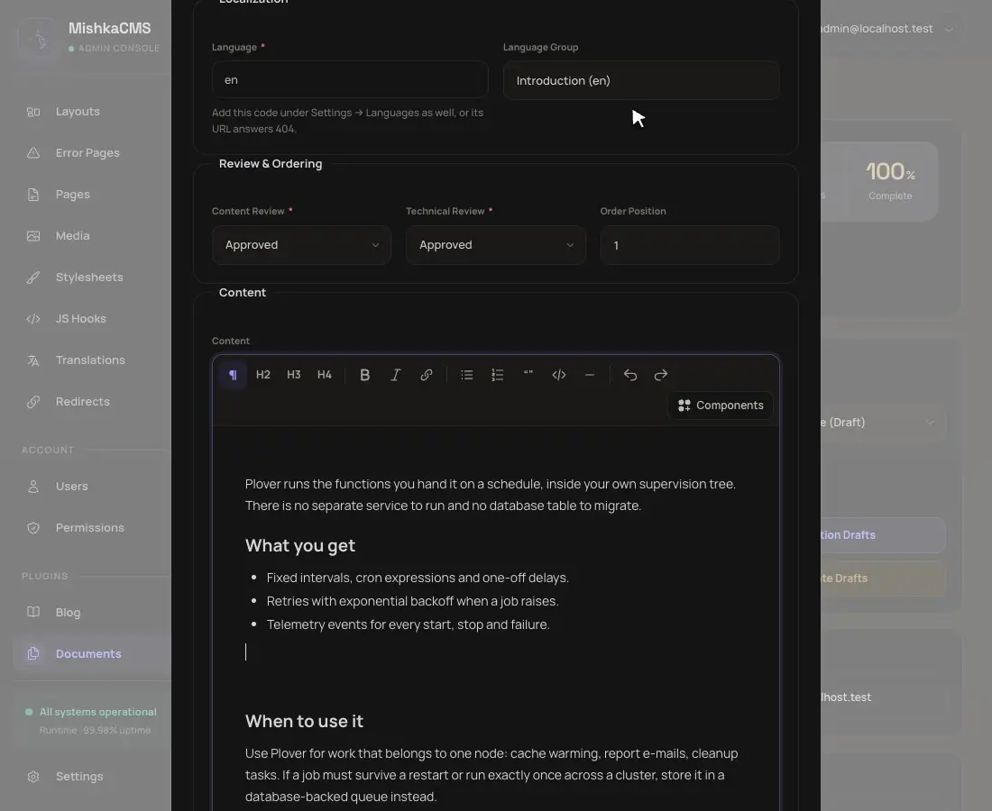 Animation of the Components button opening the picker and a Mishka Chelekom component being added to a documentation page