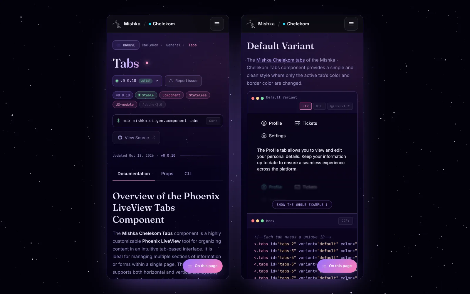 The Mishka Chelekom Tabs docs page on a phone: the title, badges and install command, then the live example and its code