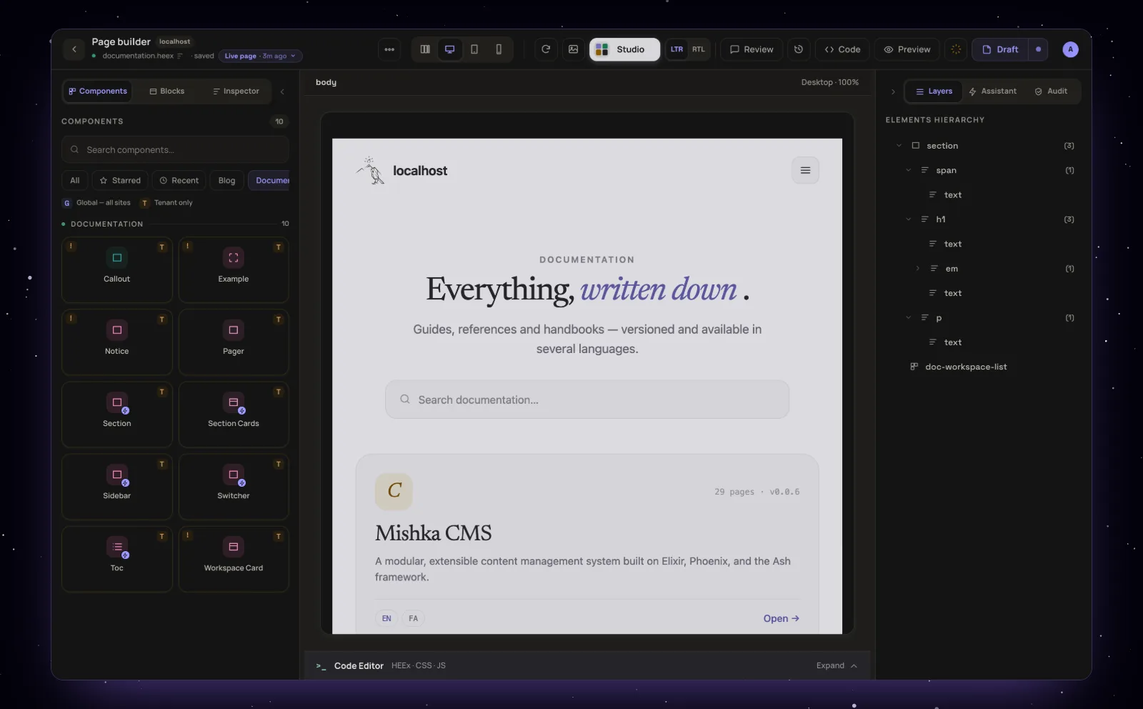 The Documentation sample page in the Mishka CMS visual editor, with the Documentation group of the palette on the left, the page drawn live in the middle and its layers on the right