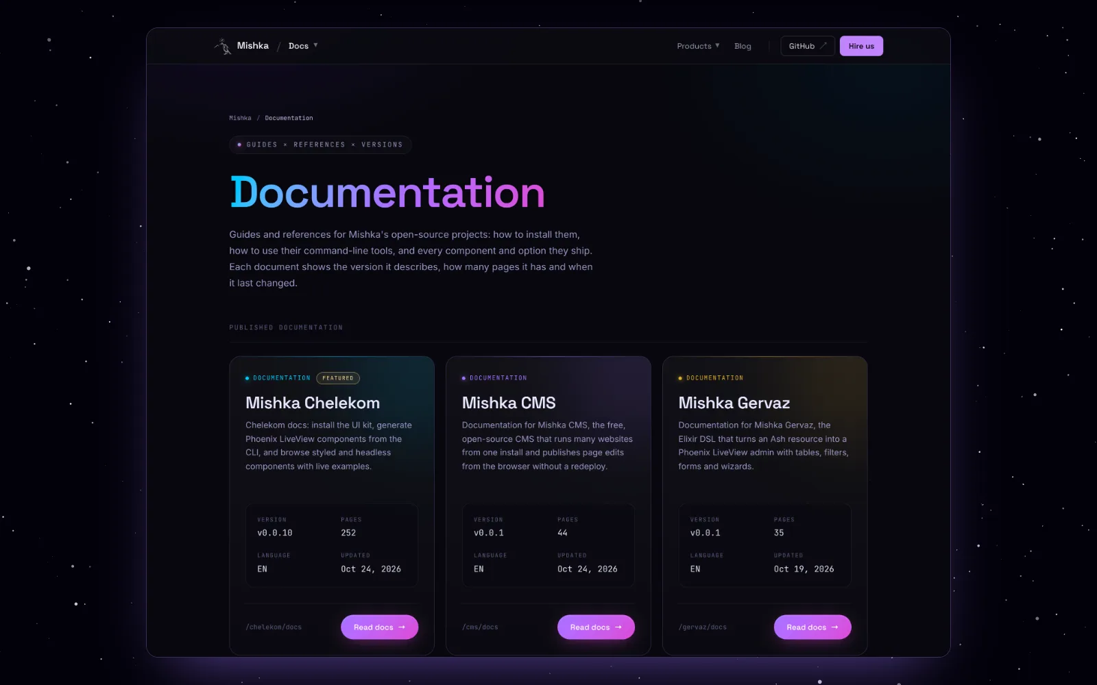 The docs index on mishka.tools with Mishka Chelekom, Mishka CMS and Mishka Gervaz as cards, each with its version, page count, language and last update