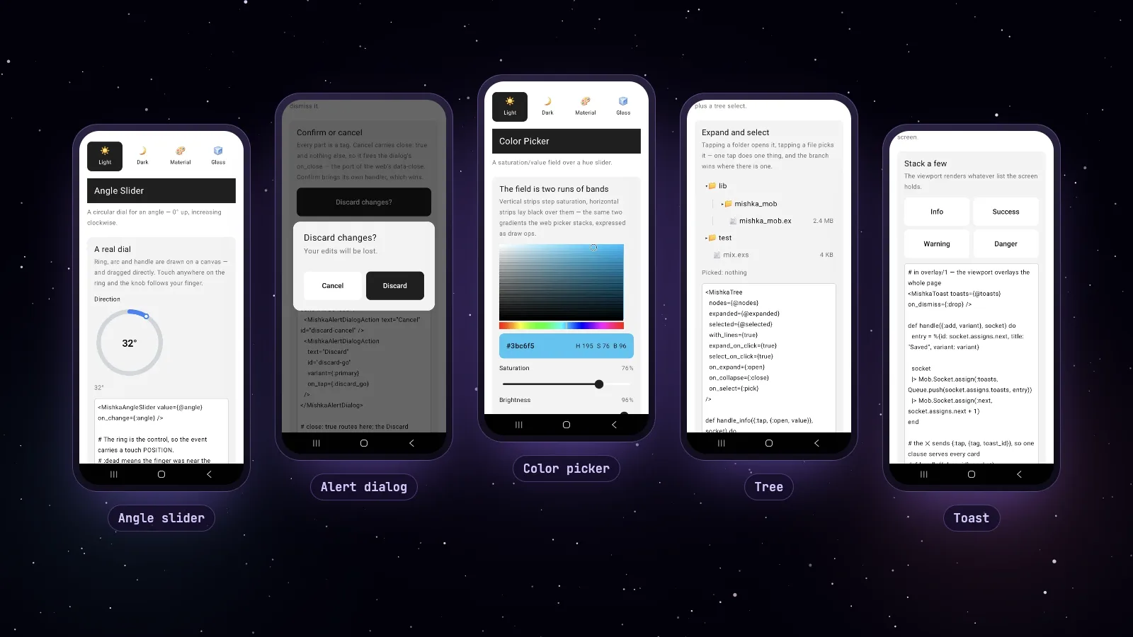 Five Android phones showing native Mishka Chelekom components for Mob: an angle slider, an alert dialog, a color picker, a file tree and a stack of toasts