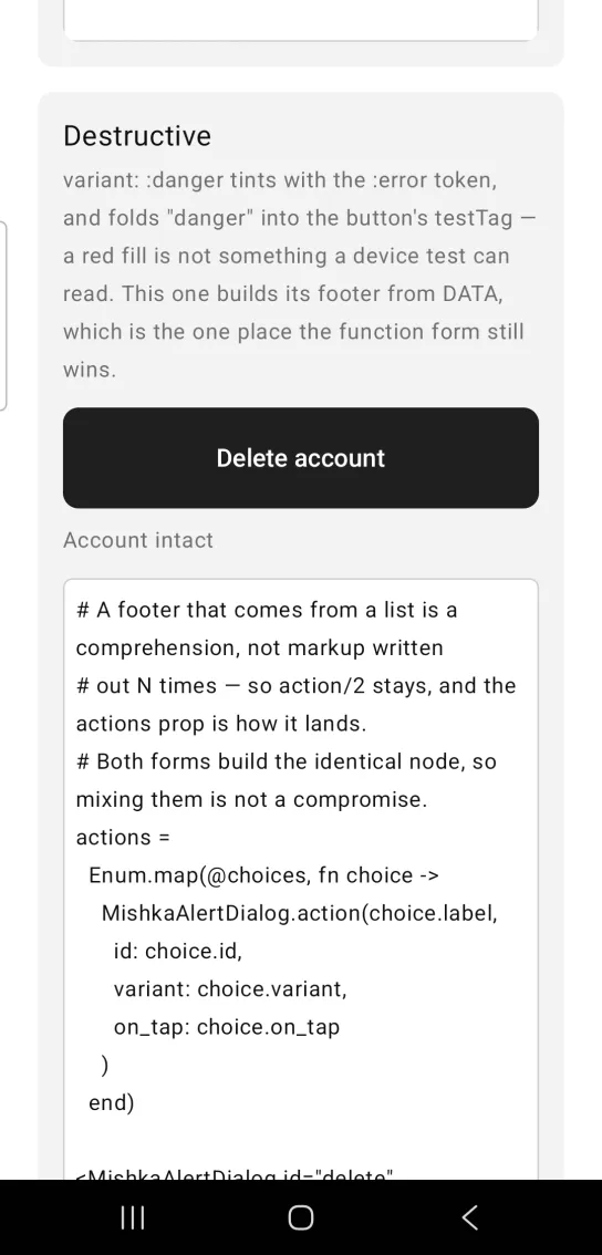 Card titled Destructive, with a dark full-width button labeled Delete account above the muted text Account intact, the dialog closed, in the MishkaMob showcase app on Android