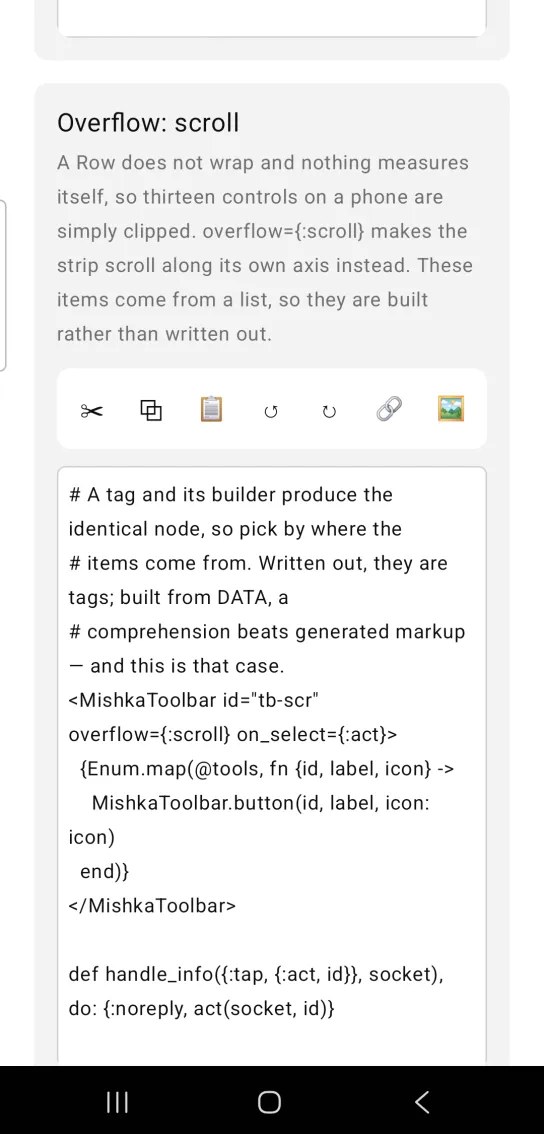 Overflow: scroll card: a toolbar of seven icons, cut, copy, paste, two rotate arrows, a link and a picture, all fitting inside the screen width