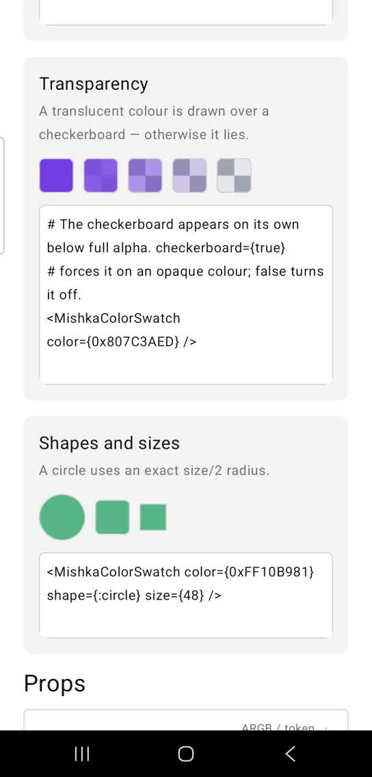 Card titled Transparency, with five violet color swatches in a row fading from solid to nearly clear, a checkerboard showing through the fainter ones