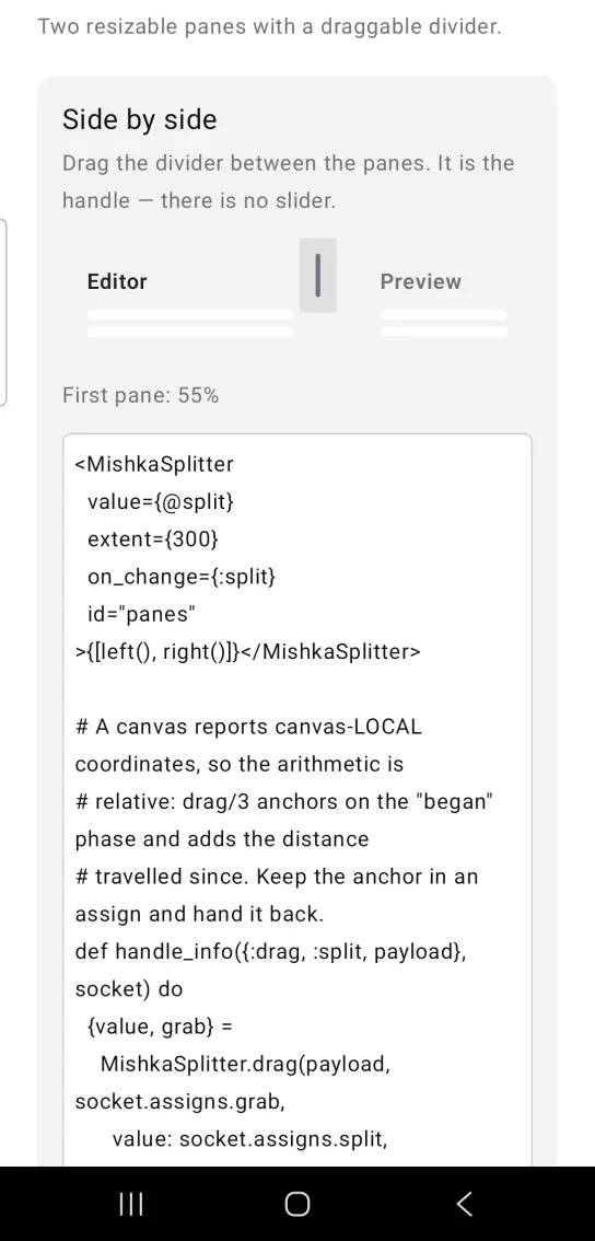 Side by side card: a splitter with an Editor pane and a Preview pane divided by a gray grip, and the gray text First pane: 55% below