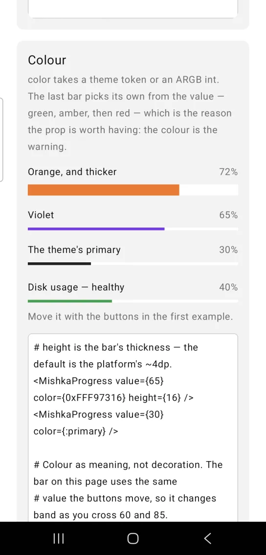 Colour card with four labeled bars: a thick orange one at 72%, violet at 65%, the near black theme primary at 30% and a green Disk usage bar at 40%
