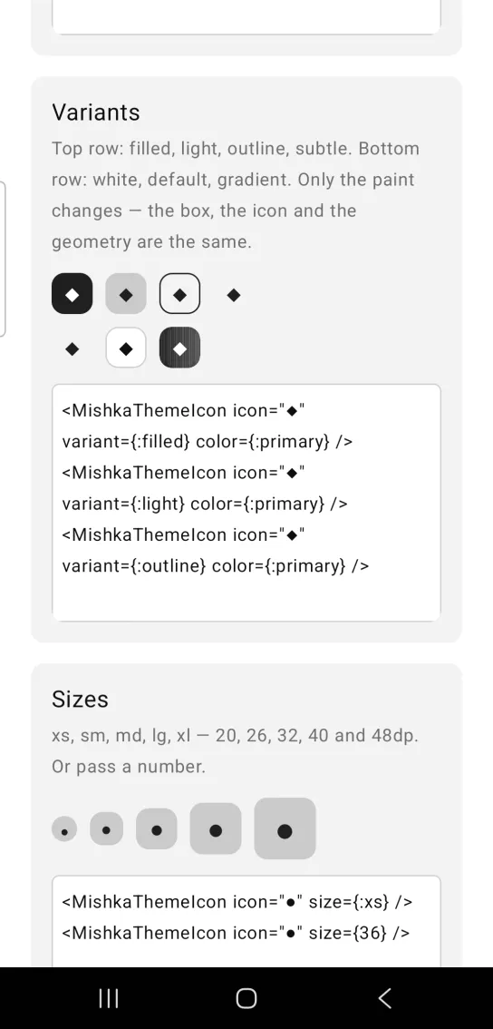 Variants card: seven theme icons with a diamond glyph in two rows, dark filled, light gray, outlined and plain on top, then plain, white and dark gradient below