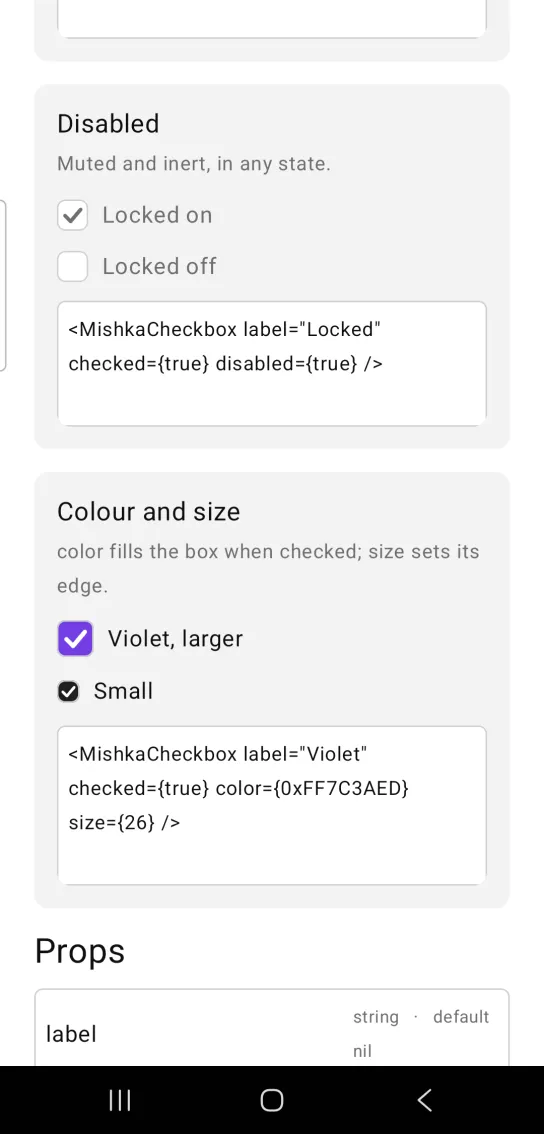 Card titled Disabled, with two muted checkbox rows: Locked on with a gray tick and Locked off with an empty box, in the MishkaMob showcase app on Android