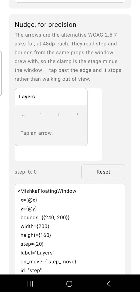Floating window example card titled Nudge, for precision, with a window titled Layers holding four arrow buttons and the line Tap an arrow, above step: 0, 0 and a Reset button