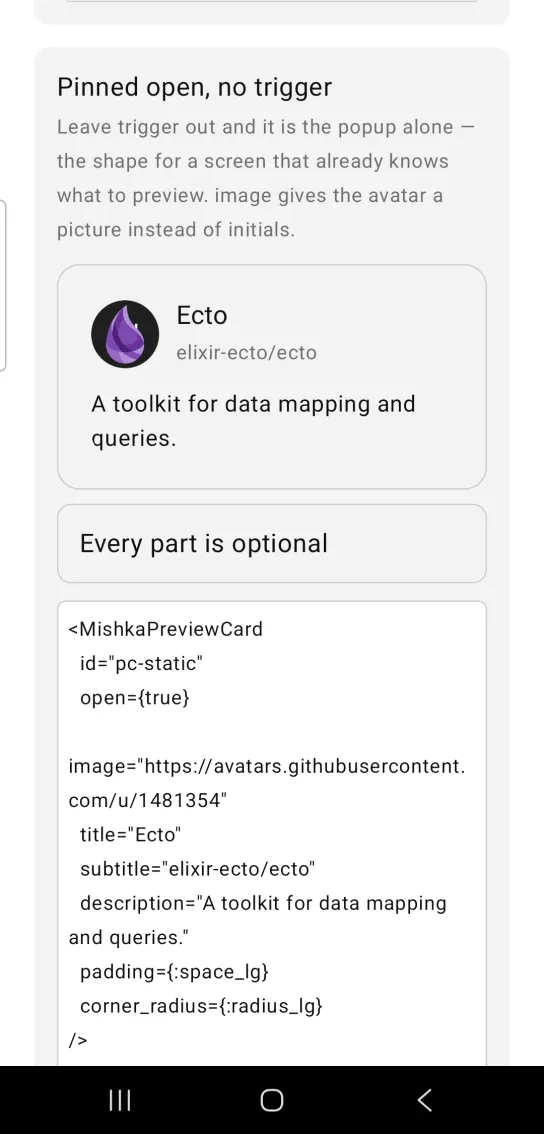 Pinned open, no trigger card with an open preview card for Ecto with a purple drop avatar, a subtitle and a description, above a card reading Every part is optional
