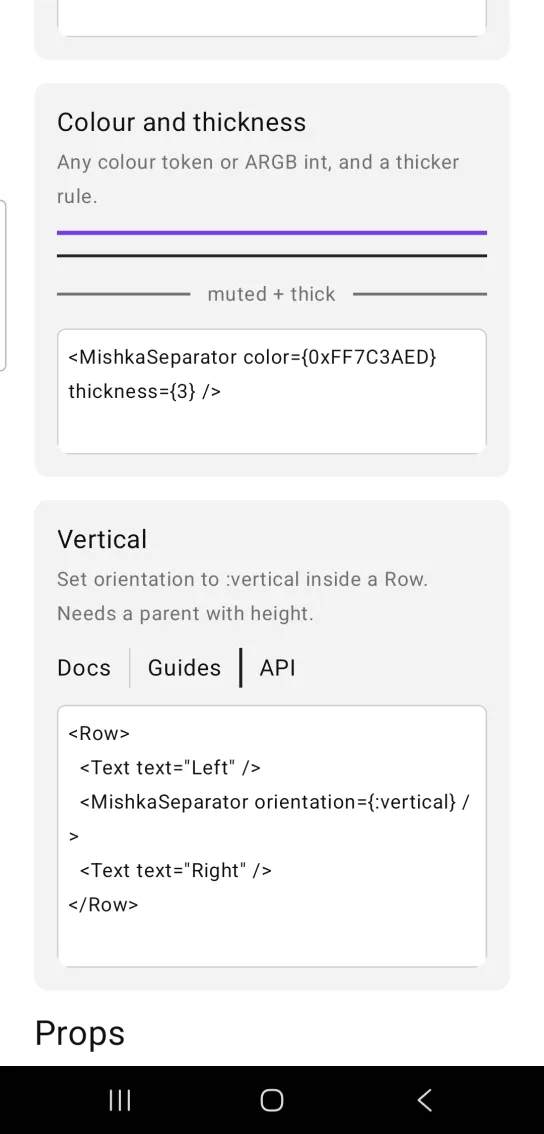 Colour and thickness card with a thick violet rule, a thick near black rule and a gray rule labeled muted + thick, in the MishkaMob showcase app on Android