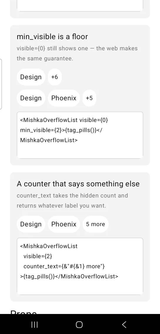 min_visible is a floor card with two overflow lists, Design with +6 and Design and Phoenix with +5, in the MishkaMob showcase app on Android