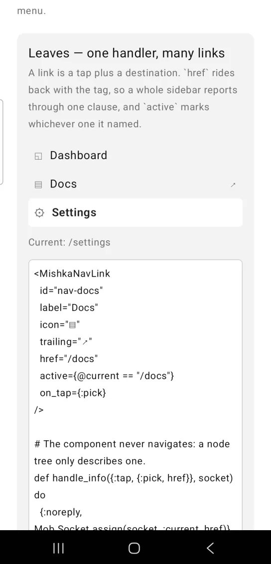 A sidebar with Dashboard, Docs and Settings where Settings is highlighted, and the line Current: /settings.