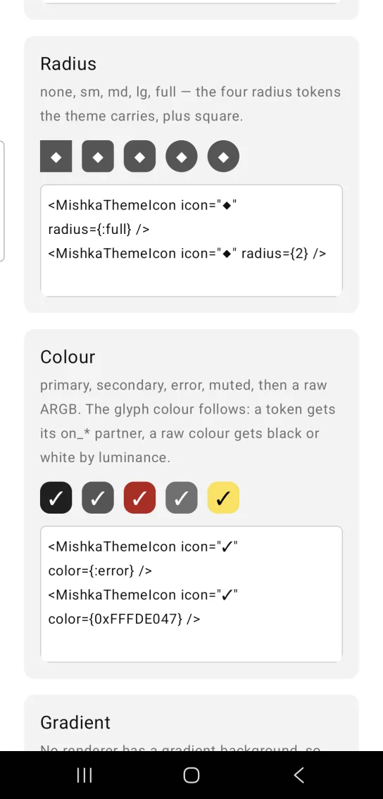Radius card: five dark gray theme icons with a white diamond glyph, going from square corners on the left to a fully round shape on the right
