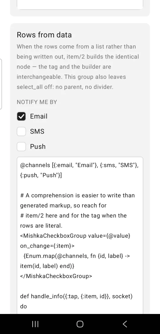 Card titled Rows from data, with a NOTIFY ME BY checkbox group of three rows, Email checked and SMS and Push unchecked, and no select all parent