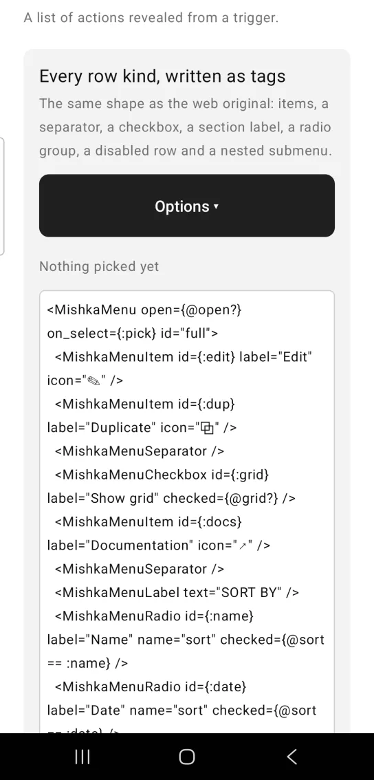 Menu example card titled Every row kind, written as tags, with a dark Options button with a small down arrow, the menu closed, and the text Nothing picked yet