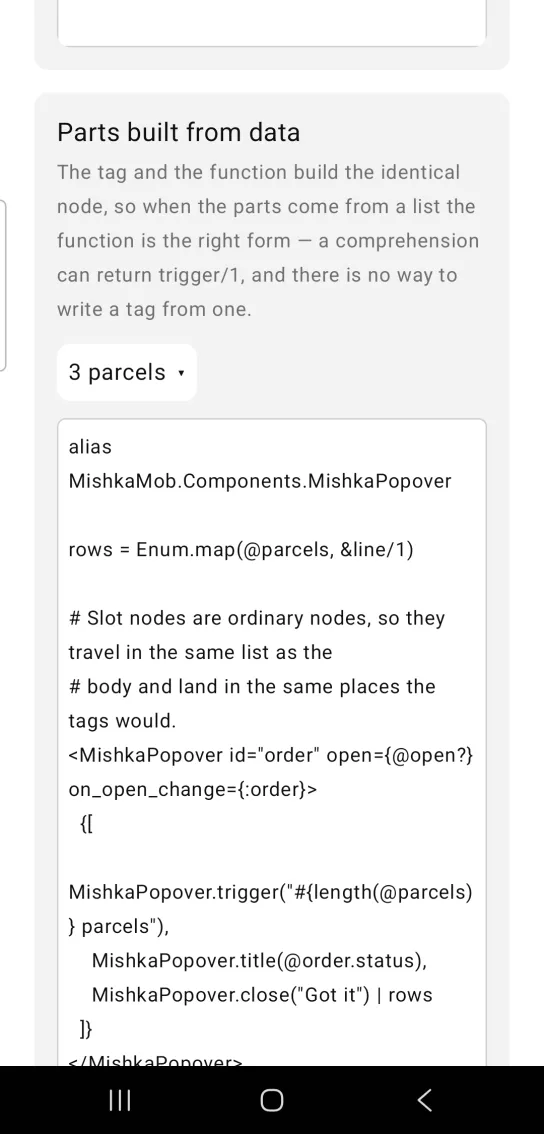 Parts built from data card with a closed popover trigger, a white button labeled 3 parcels with a small down arrow, in the MishkaMob showcase app on Android